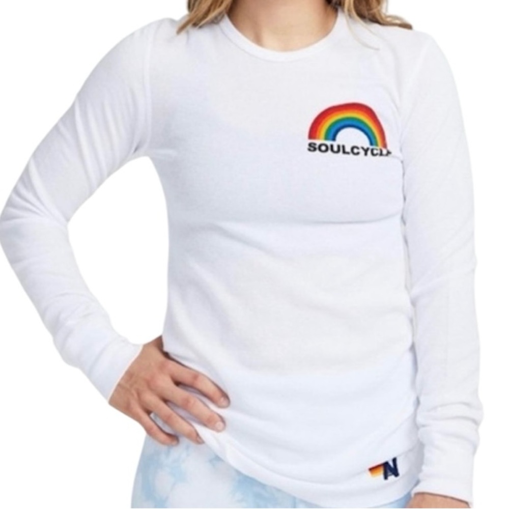 Aviator Nation SoulCycle M White Long Sleeve Thermal with Rainbow Logo #84